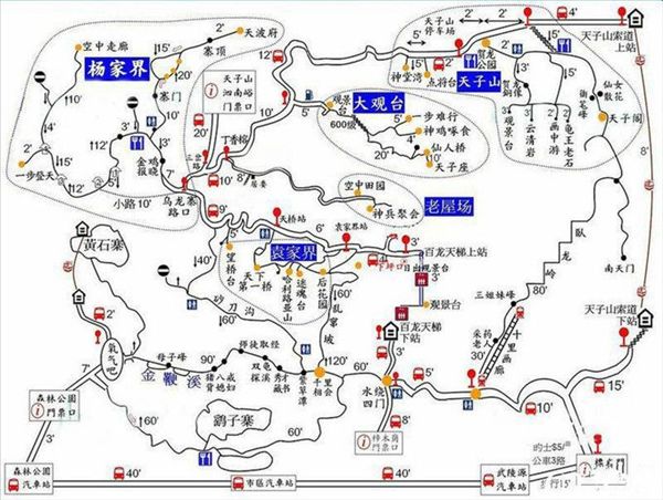 张家界森林公园各景区关系及景点图